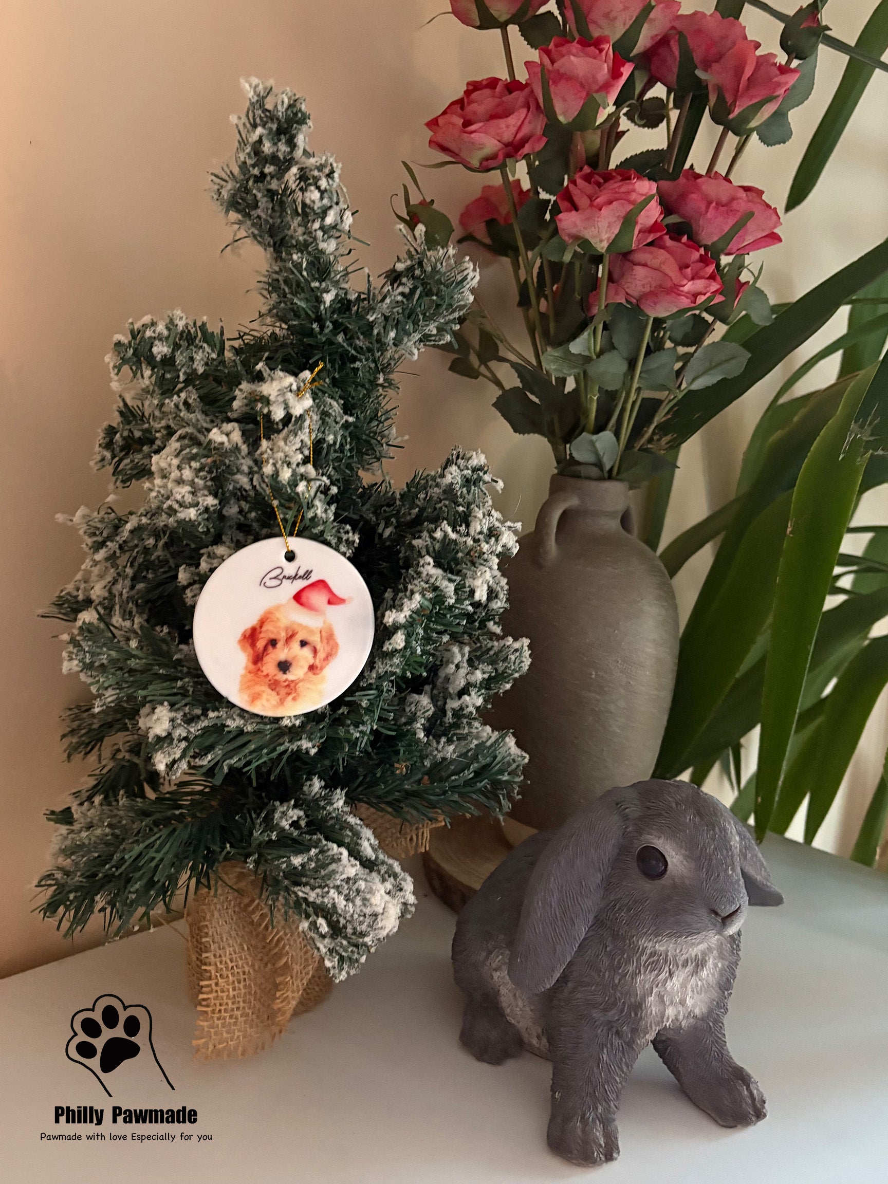 Adorno Navideño de Cerámica Personalizado para Mascotas – Estilo Acuarela (7.6 cm)